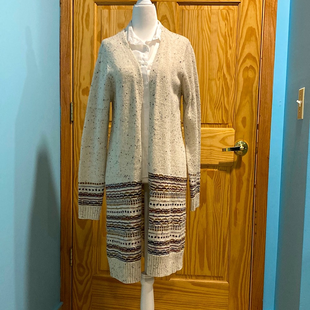 Knee-length cream cardigan sweater, never worn, size small